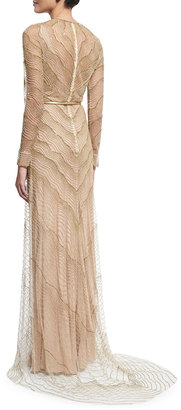 Jenny Packham Beaded Illusion Long-Sleeve Gown, White/Gold