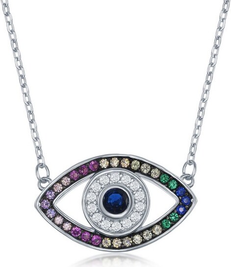 Bella Silver BellaSilverSterlingSilverRainbowCZEvilEyeNecklace-Multi-16+2Inch