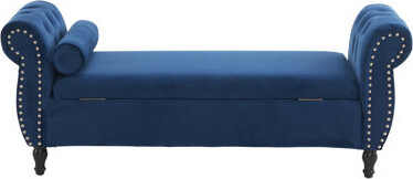 Velvet Upholstered Storage Ottoman Bench with Rolled Arms, Nailhead Trim, Lift-Top Compartment and Pillow