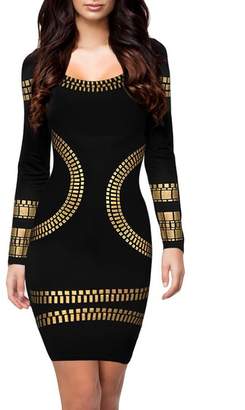 Kim Kardashian FashionMark Womens Long Sleeves Celebrity Gold Foil Cocktail Dress