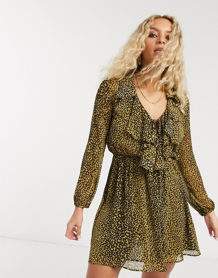 Topshop ruffle front mini dress in mustard animal print - ShopStyle