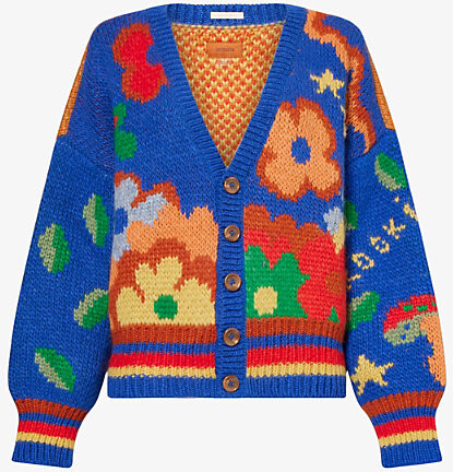 Mother Womens Fantasia The Button Floral-Intarsia Wool-Blend Cardigan Xs
