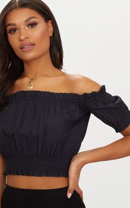 PrettyLittleThing White Ruched Sleeve Bardot Crop Top