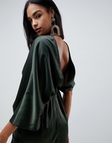 asos design satin kimono midi dress with knot front and asymmetric sleeve
