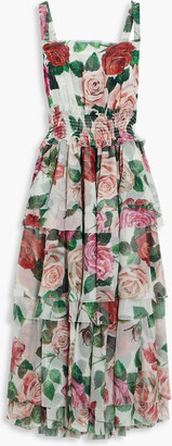 Shirred floral-print silk-chiffon midi dress