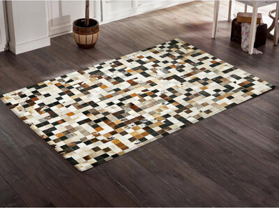Everly Quinn Genuine Cowhide Checkered Patchwork Rug Handmade Leather Carpet