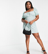 Thumbnail for your product : I Saw It First Curve I Saw It First Plus puff sleeve tie front tea dress in green ditsy print