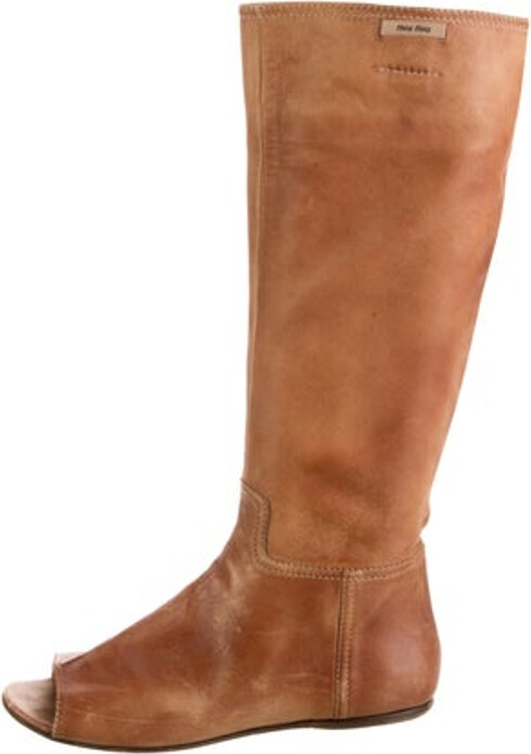 Miu Miu Leather Knee-High Riding Boots Brown Peep-Toes Exposed Zip Closure at Sides Designer