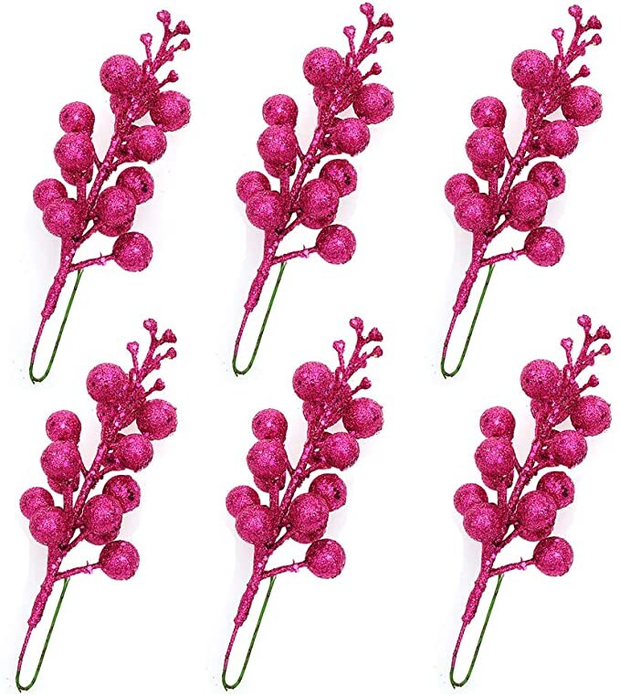 Bomandu Artificial Glittery Berry Picks for Christmas Tree Wreath Garland Decoration, Pack of 6(Hot Pink)
