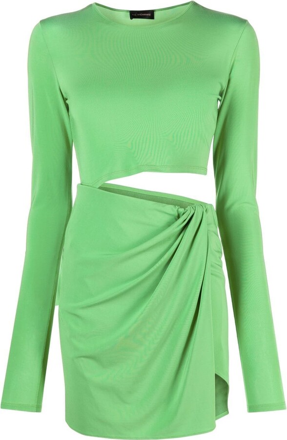 Green Spacedye Knit Cut Out Smiles Trim Mini Dress