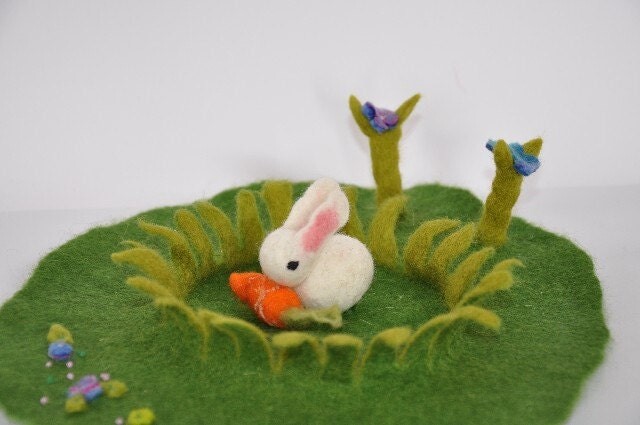 Etsy Easter Decoration A Bunny With Carrot in Flower Grass Garden Waldorf Play Mat Spring Table Playscape Landscape Handmade Wet Felted