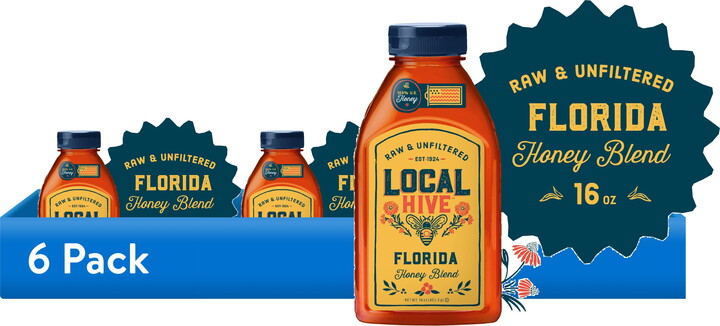 (6 pack) Local Hive, Raw & Unfiltered, 100% U.S. Florida Honey Blend, 16 oz Bottle