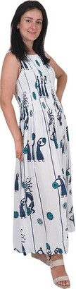Ikat Ladies One Size Long Summer Plain Dress with Smocked Top - Fits Sizes 8-28 (White)