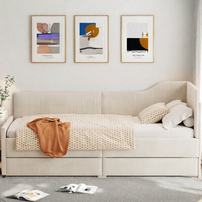 L-shaped Corduroy Daybed With 2 Storage Drawers
