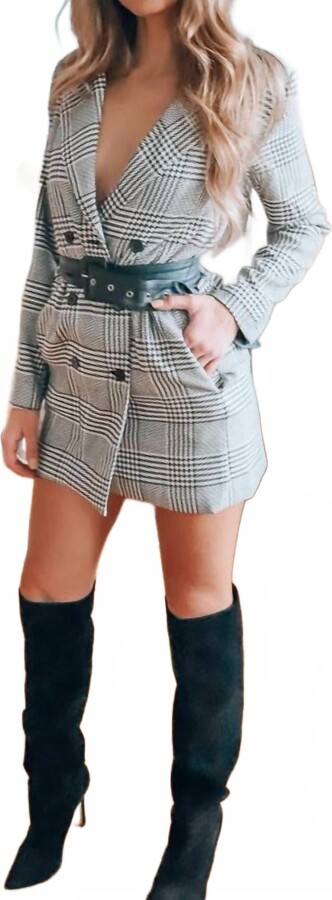 Olivaceous Madeline Houndstooth Long Sleeve Belted Blazer Dress