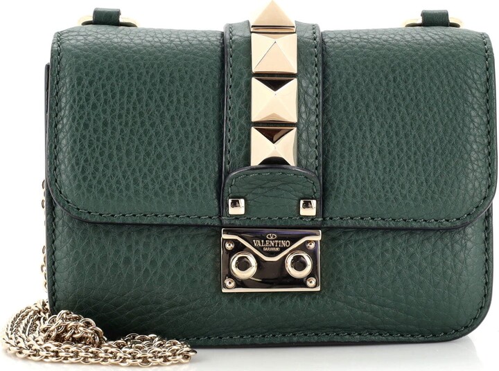 Valentino Green/Beige Leather Small Crystal, Beaded Rockstud Glam