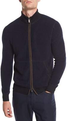 Ermenegildo Zegna Boucle Zip Bomber Sweater with Leather Detail