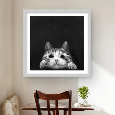 Lark Manor Curious Cat - Black Livingroom Framed Matted Print for Decor