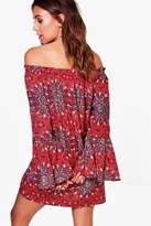 Thumbnail for your product : boohoo Petite Claire Woven Paisley Off The Shoulder Dress