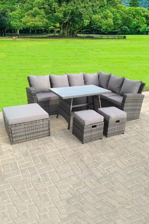 Fimous 9 Seater High Back Rattan Corner Sofa With Oblong Dining Table 3