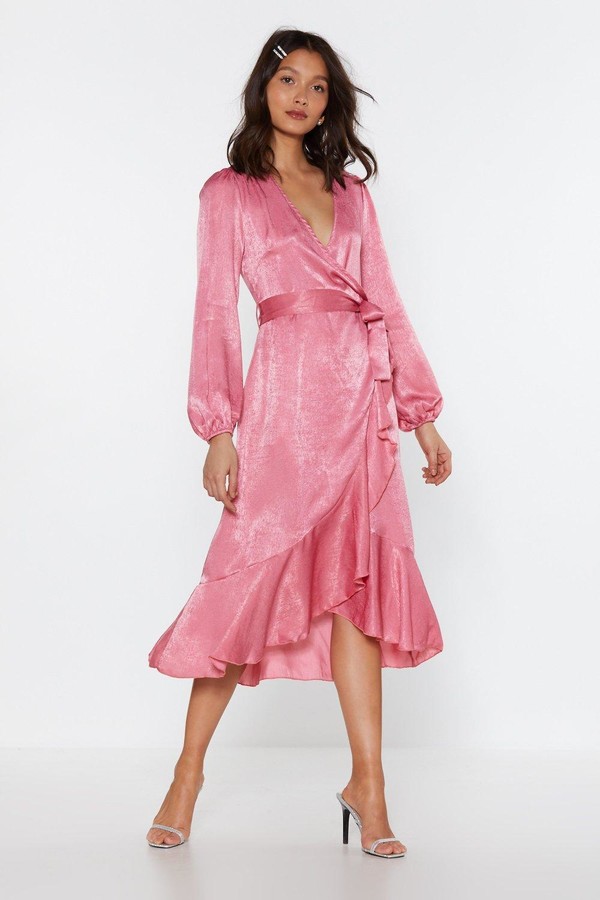 satin frill wrap dress