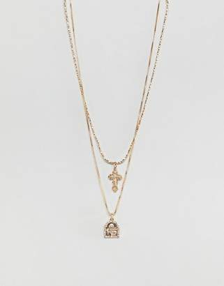 Icon Eyewear Design Multirow Necklace With Vintage Style Cross And Icon With Crystals In Gold