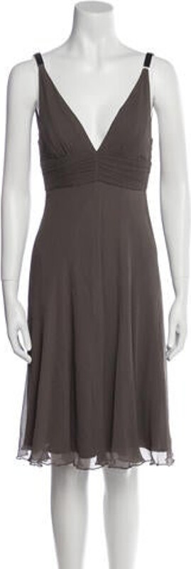 Max Mara Silk A-Line Dress Grey Ruffle Embellishment Sleeveless with V-Neck Concealed Zip Closure at Back Designer