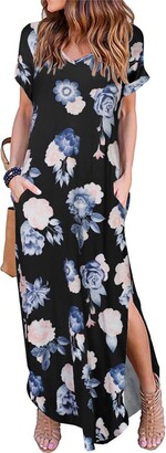 Arolina Women's Summer Maxi Dresses Short Sleeve V Neck Casual Loose Long Beach Split Dress with Pockets BlackBlue
