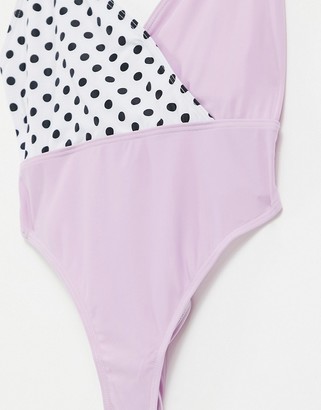 Luxe Palm mixed swimsuit in purple and polka dot