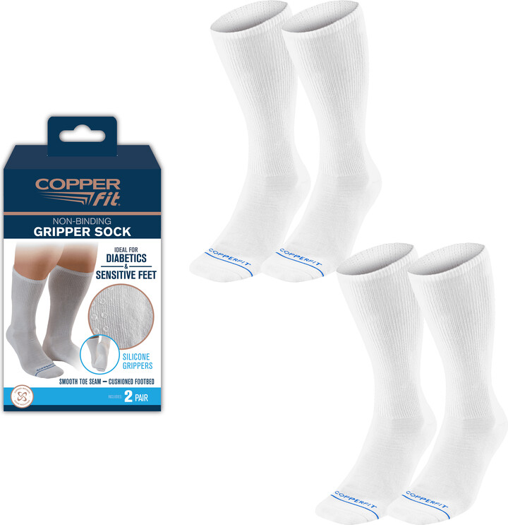 Copper Fit® Non-Binding Diabetes and Circulatory Crew Socks with Grippers, 2 Pair, White, S/M, Unisex