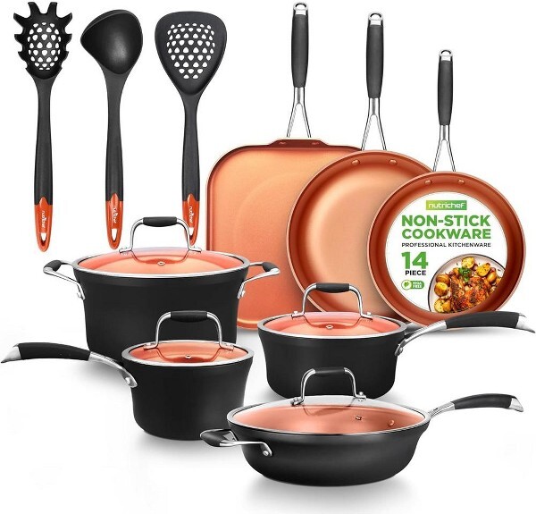 Nutrichef NutriChef14pcNon-StickCopperKitchenCookwareSet-Hard-AnodizedExterior(NCCWALN14)