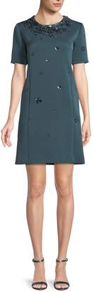 Zac Posen Cap-Sleeve A-Line Beaded-Embroidered Short Crepe Dress