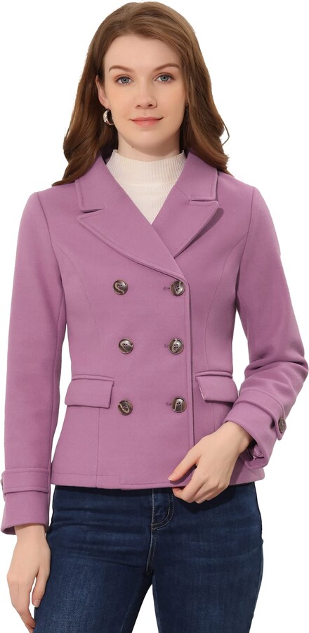 Allegra K Women's Notched Lapel Double Breasted Pea Coat - ShopStyle
