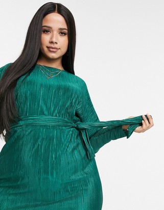 ASOS DESIGN Curve exclusive plisse batwing wrap midi dress with self tie belt in green