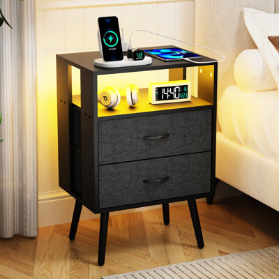 2 Pack Modern Nightstand With Charging And Led Lighting, Bedside Tables Fabric Drawers, 2Ac+2Usb Socket For Desk Lamp Mobile Charging, Infrared Remote