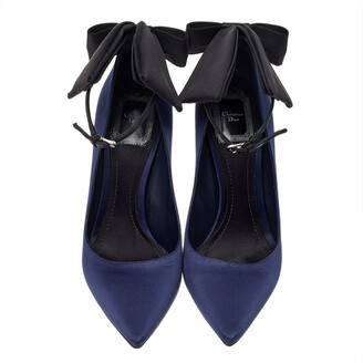 Christian Dior Navy Blue Satin Bow Ankle Strap Pointed Toe Pumps Size 37.5