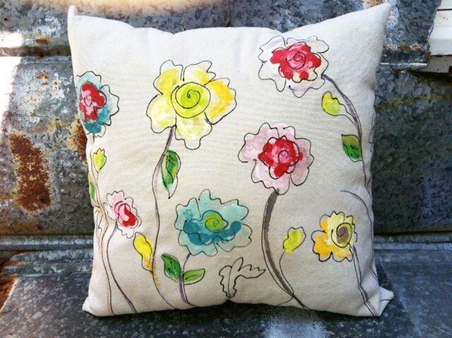 Poppy Outdoor Pillows, Hand-Painted Blue, Red, Yellow Flowers, Patio Accent Pillow, Throw Entryway, Pillow Cover