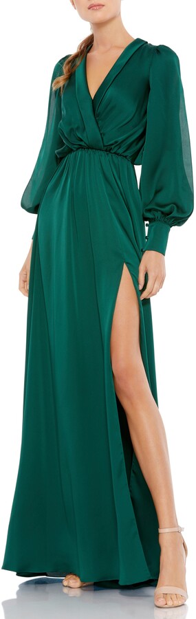 emerald green long sleeve wrap dress ...