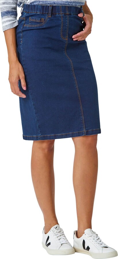 Roman Originals Denim Skirt with Pockets for Women UK - Ladies Jean Skirts  Cotton Stretch Mid Wash Fitted A Line Casual Smart Work Office Knee Length  Flattering Slimming - Indigo - Size 12 - ShopStyle