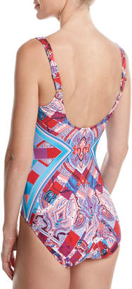 Gottex Harlequin V-Neck One-Piece Swimsuit, Red/Pink/Blue