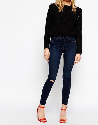 ASOS Lisbon Skinny MidRise Jeans In Sapphire Blue Wash With Ripped Knee