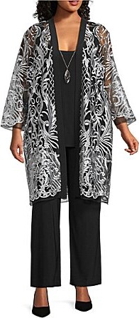 R & M Richards R M Richards Plus Size 34 Sleeve Scoop Neck Embellished Sequin Jacket 3-Piece Pant Set