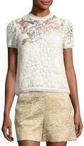 REDValentino Hummingbird-Embroidered Lace Top, Ivory (Panna)