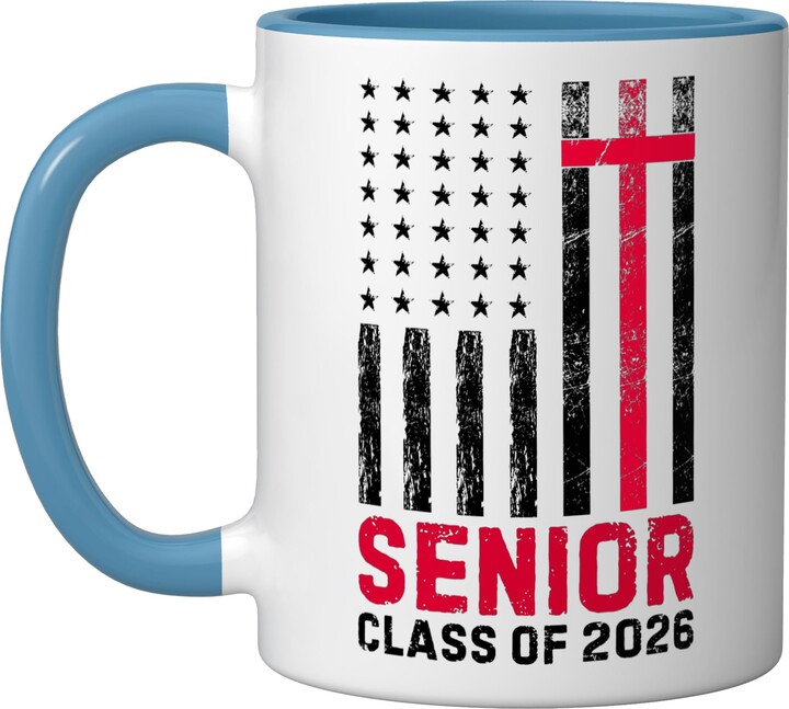 Class of 2026 Senior 2026 Graduate Gifts Senior Class of 2026 US Flag Cross Christian Graduation 2026 Ceramic Mug, Blue/White
