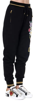 Dolce & Gabbana Black Cotton Sport Trousers With Floral Embroidery