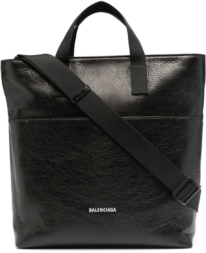 Balenciaga Men's Allover Logo-print Leather Grocery Tote Bag In Black Multi