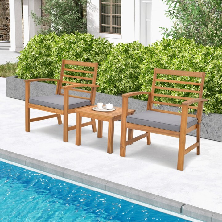 Gymax 3PCS Furniture Set Acacia Wood Conversation Set w/ Soft Seat Cushions Outdoor Gray