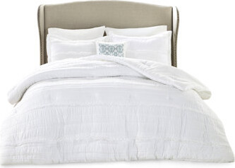 CaneCreations 5 Piece Comforter Queen White - Shabby Chic Microfiber With Filling And Bed Skirt, Includes Comforter, 2 Shams, Decorative Pillow, Ruffled Machine Was