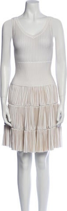 Alaia A-Line Dress Neutrals Striped Pleated Accents Sleeveless with V-Neck Concealed Zip Closure at Back Designer