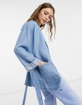 Thumbnail for your product : Pieces belted denim shacket in light denim wash